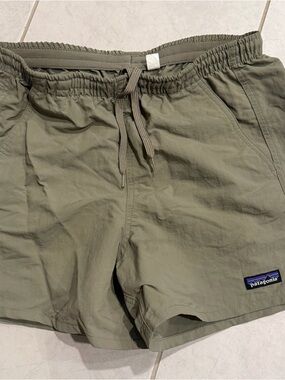 Patagonia olive/tan casual shorts with logo tag
